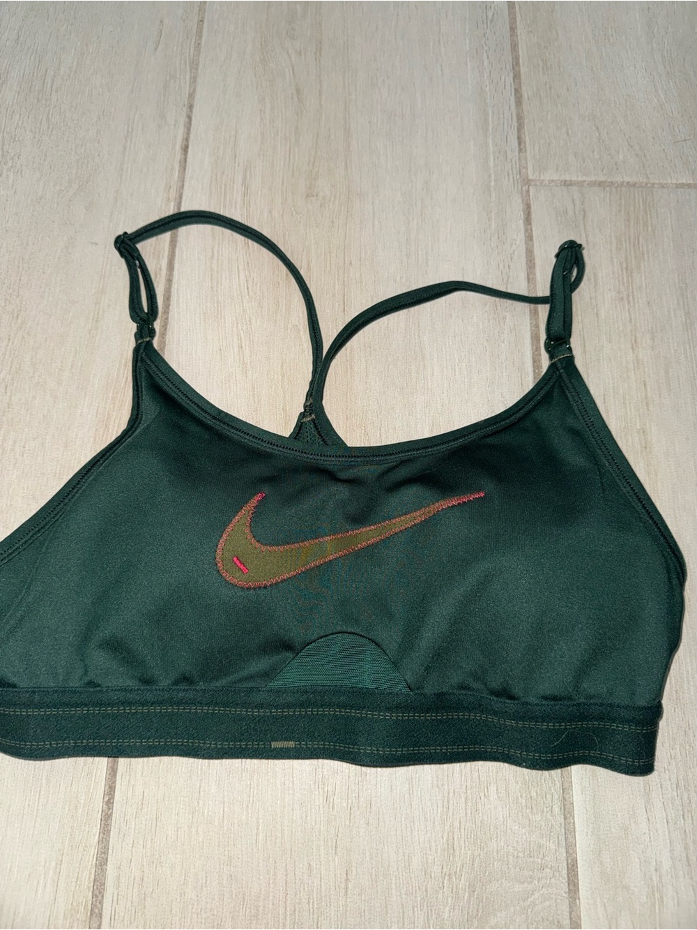 Nike Women's Dark Green Sports Bra with Multicolor Swoosh